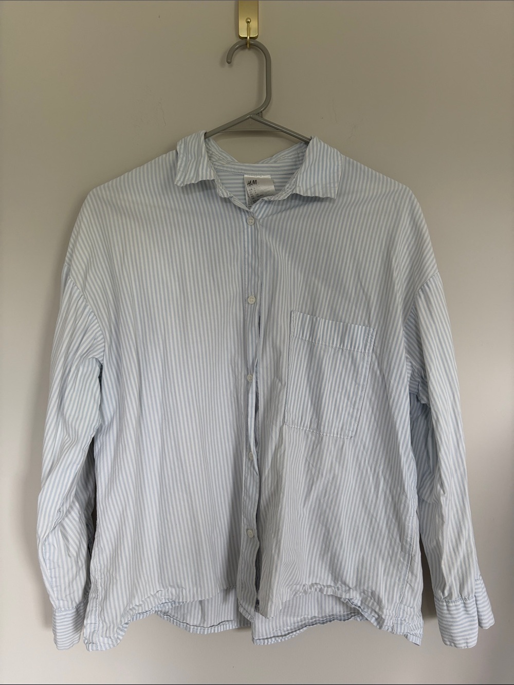 H&M Light Blue and White Striped 100% Cotton Casual Button-Down Shirt